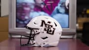 An image of the white helmets with the interlocking MSU logo that Mississippi State will wear against Tennessee on September 27 was unveiled in a social media post Thursday.