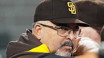 May 20, 2025; Toronto, Ontario, CAN; San Diego Padres hitting coach Victor Rodríguez (47) watches batting practice before a game against the Toronto Blue Jays at Rogers Centre. 