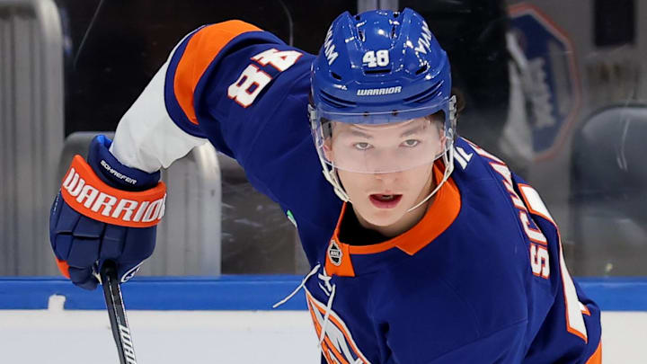 Feb 3, 2026; Elmont, New York, USA; New York Islanders defenseman Matthew Schaefer (48) controls the puck against the Pittsburgh Penguins during the first period at UBS Arena. Mandatory Credit: Brad Penner-Imagn Images