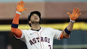 Sep 17, 2025; Houston, Texas, USA; Houston Astros shortstop Jeremy Pena (3) reacts to his stand up double against the Texas Rangers in the first inning at Daikin Park. 