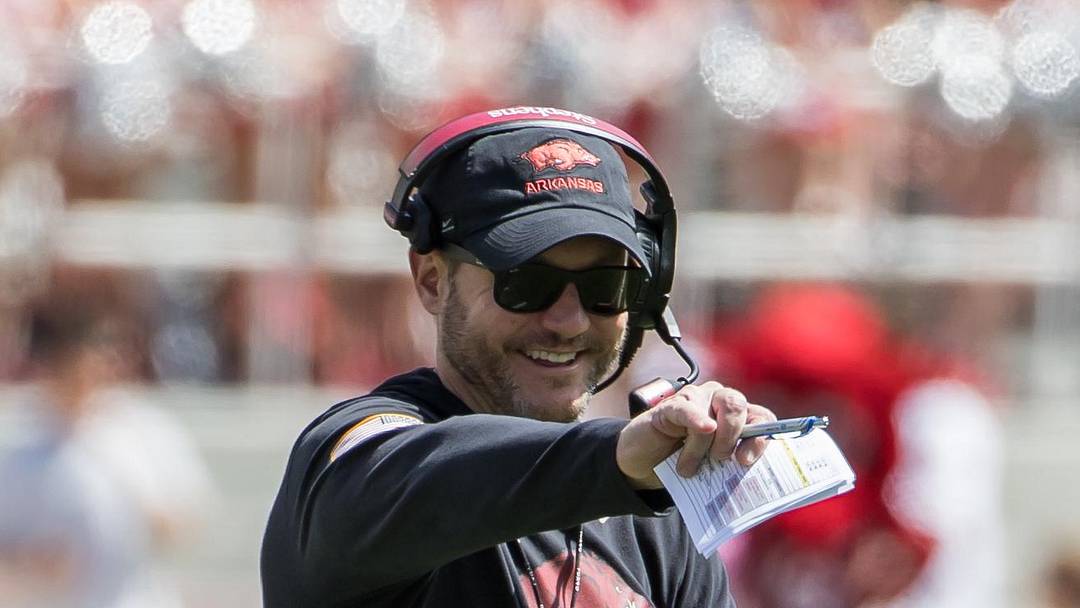 Arkansas Razorbacks coach Ryan Silverfield points during the spring game at Razorback Stadium. 