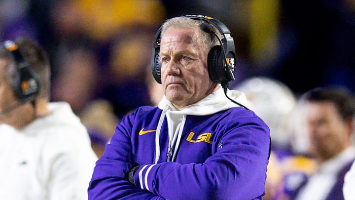 LSU head coach Brian Kelly stands on the sidelines during a game. LSU head coach Brian Kelly stands on the sidelines during a game.