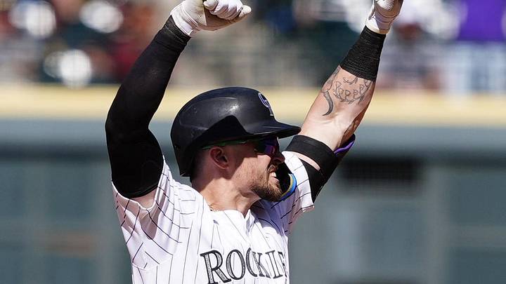 Colorado Rockies outfielder Brenton Doyle (9) reacts after a two run double