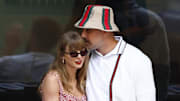 Sep 8, 2024; Flushing, NY, USA; Recording artist Taylor Swift and Kansas City Chiefs tight end Travis Kelce look on in the men’s singles final of the 2024 U.S. Open tennis tournament at USTA Billie Jean King National Tennis Center at Louis Armstrong Stadium.