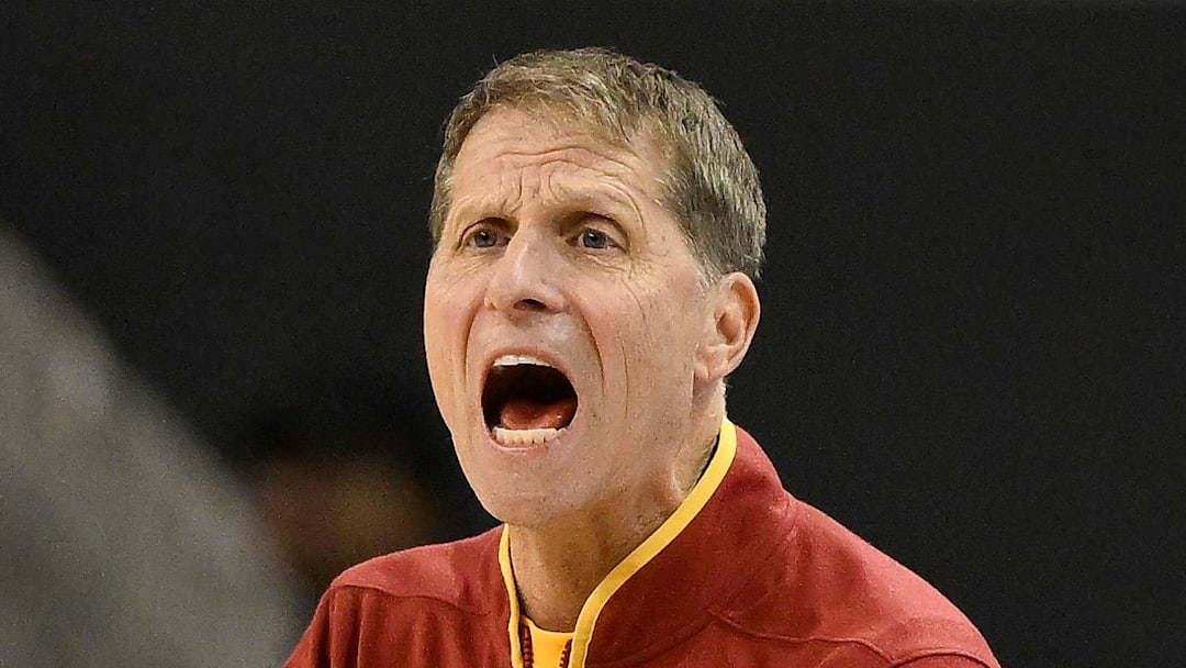 Feb 24, 2026; Los Angeles, California, USA; Southern California head coach Eric Musselman  communicates during the first half against the UCLA Bruins at Pauley Pavilion presented by Wescom Financial. Mandatory Credit: Robert Hanashiro-Imagn Images