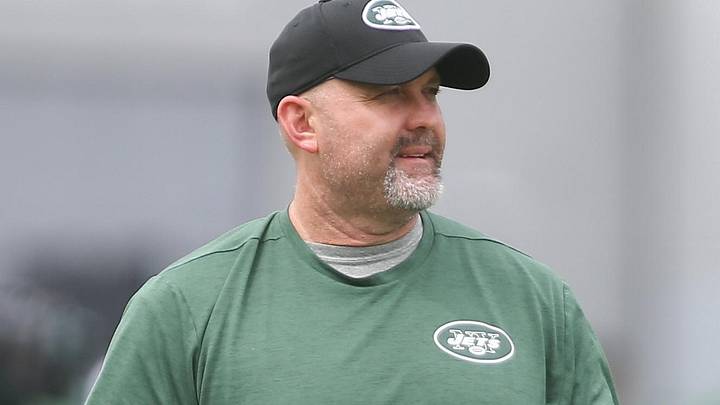 May 23, 2017; Florham Park, NY, USA; New York Jets offensive coordinator John Morton walks the field during organized team activities at the Atlantic Health Jets Training Center.