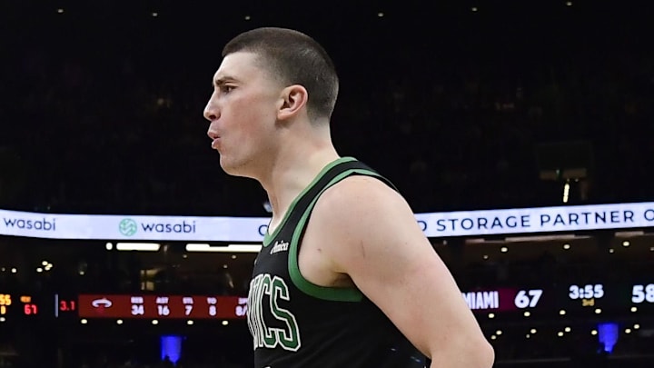 Feb 6, 2026; Boston, Massachusetts, USA; Boston Celtics guard Payton Pritchard (11) reacts after making a basket during the second half against the Miami Heat at TD Garden. Mandatory Credit: Bob DeChiara-Imagn Images