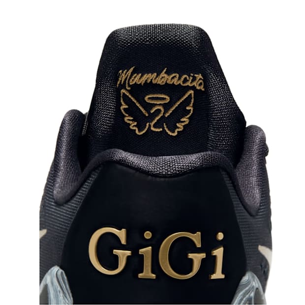 Gigi Bryant's gold logos on black Nike Kobe sneakers.