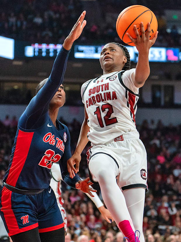 South Carolina player MiLaysia Fulwiley goes for a layup against Ole Miss. 