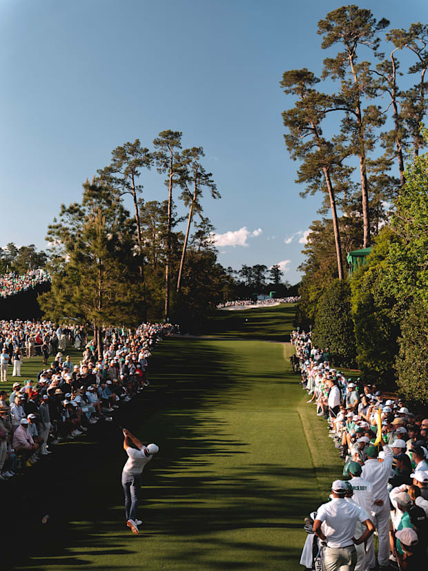 Rory McIlroy hits a tee shot on the 18th hole at Augusta National Golf Club.