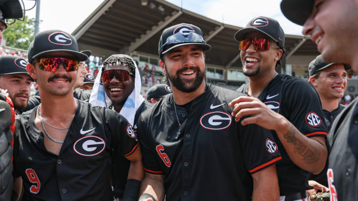 Georgia catcher and outfielder Corey Collins (6), Georgia pitcher Jarvis Evans (4), Georgia infielder Kolby Branch (9) during Georgia’s game against NC State at the NCAA Athens Super Regional at Foley Field in Athens, Ga., on Sunday, June 9, 2024. (Kari Hodges/UGAAA)