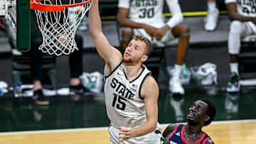 Michigan State's Thomas Kithier scores against Detroit Mercy during the second half on Friday, Dec. 4, 2020, at the Breslin Center in East Lansing.

201204 Msu Det Mercy 102a