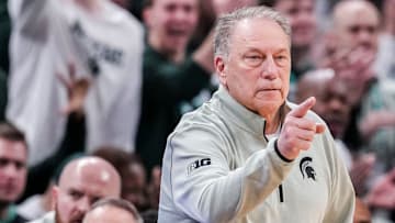 Michigan State Spartans head coach Tom Izzo points to his team after scoring Saturday, March 15, 2025, in a semifinals game at the 2025 TIAA Big Ten Men’s Basketball Tournament between the Michigan State Spartans and the Wisconsin Badgers at Gainbridge Fieldhouse in Indianapolis.