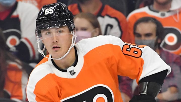 Oct 4, 2021; Philadelphia, Pennsylvania, USA; Philadelphia Flyers defenseman Wyatte Wylie (65) against the Boston Bruins at Wells Fargo Center. Mandatory Credit: Eric Hartline-Imagn Images