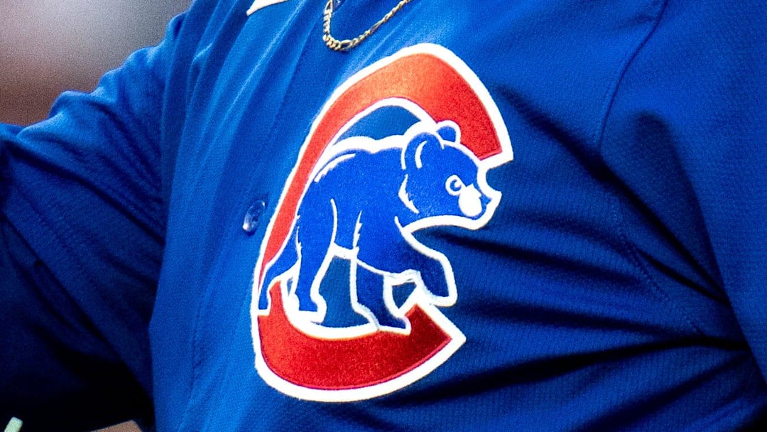 Chicago Cubs logo on the chest of a jersey.