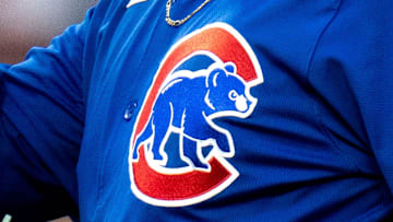 Chicago Cubs logo on the chest of a jersey.