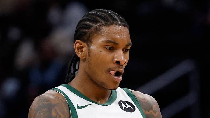 Milwaukee Bucks guard Kevin Porter Jr. (7) celebrates after a three point field goal against the Washington Wizards in the third quarter at Capital One Arena on December 1, 2025.