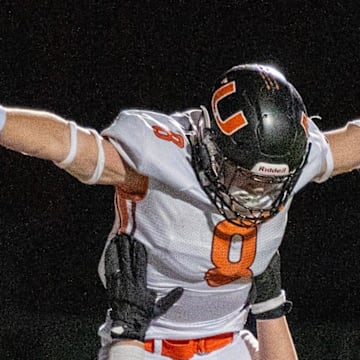 Uxbridge running back Camden LaChapelle celebrates a touchdown during the 2024 season.