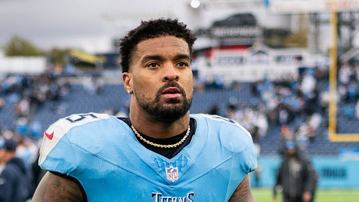 Tennessee Titans linebacker Dre'Mont Jones exits the field