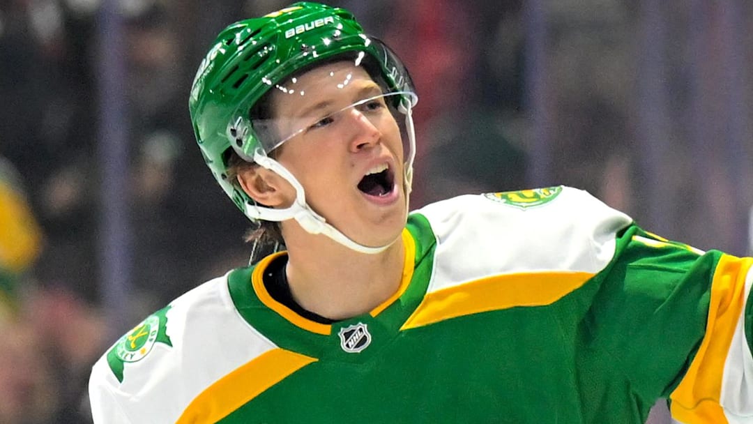 Apr 2, 2026; Saint Paul, Minnesota, USA;  Minnesota Wild forward Matt Boldy (12) celebrates his goal against the Vancouver Canucks during the first period at Grand Casino Arena. Mandatory Credit: Nick Wosika-Imagn Images