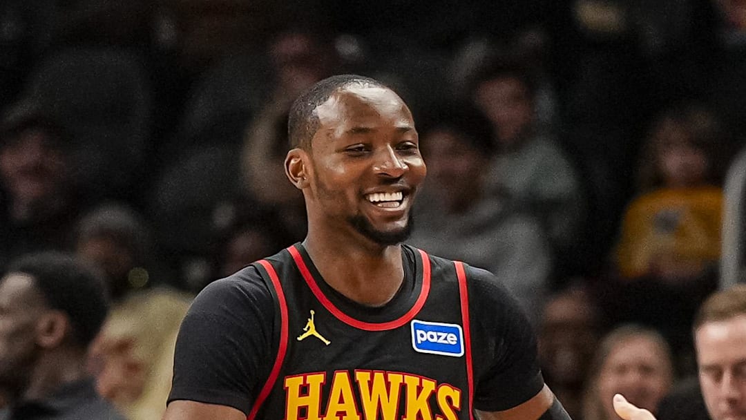 Jonathon Kuminga (0) reacts with center Jock Landale (31) after scoring against the Washington Wizards during the first half at State Farm Arena Jonathon Kuminga (0) reacts with center Jock Landale (31) after scoring against the Washington Wizards during the first half at State Farm Arena