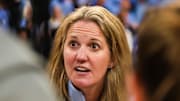 Mar 22, 2024; Columbia, SC, USA; North Carolina Tar Heels head coach Courtney Banghart speaks with her team following their win over the Michigan State Spartans at Colonial Life Arena. Mandatory Credit: Jeff Blake-Imagn Images