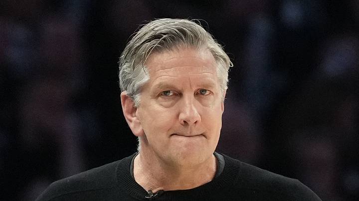 May 15, 2026; Minneapolis, Minnesota, USA; Minnesota Timberwolves head coach Chris Finch looks on against the San Antonio Spurs in the second half during game six of the second round of the 2026 NBA Playoffs at Target Center. Mandatory Credit: Jesse Johnson-Imagn Images