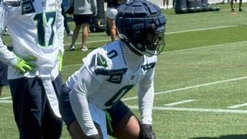 Seattle Seahawks linebacker Tyrel Dodson prepares for a drill during the first practice of training camp.