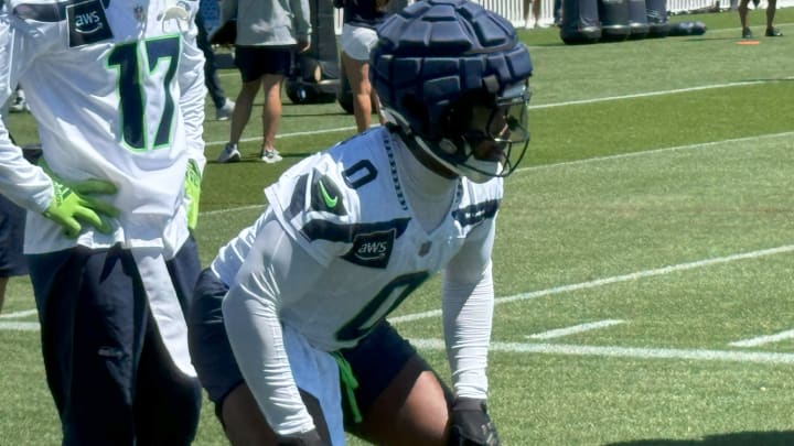 Seattle Seahawks linebacker Tyrel Dodson prepares for a drill during the first practice of training camp.