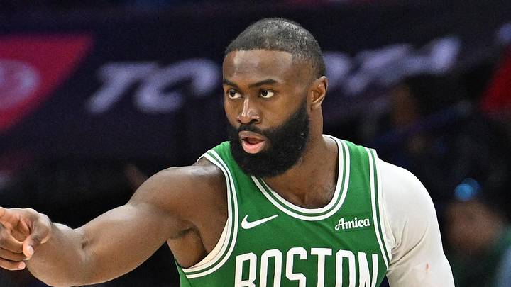 Apr 26, 2026; Philadelphia, Pennsylvania, USA; Boston Celtics guard Jaylen Brown (7) reacts after making a three point basket against the Philadelphia 76ers during the second half at Xfinity Mobile Arena. Mandatory Credit: Eric Hartline-Imagn Images