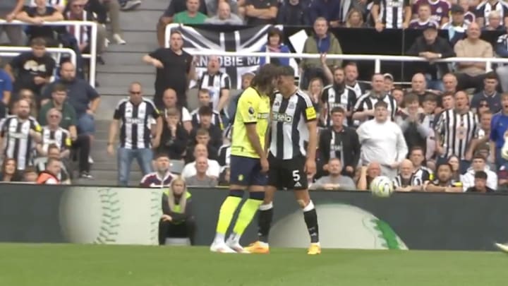 Southampton's Ben Brereton Diaz and Newcastle's Fabian Schar confront each other during English Premier League season opener.