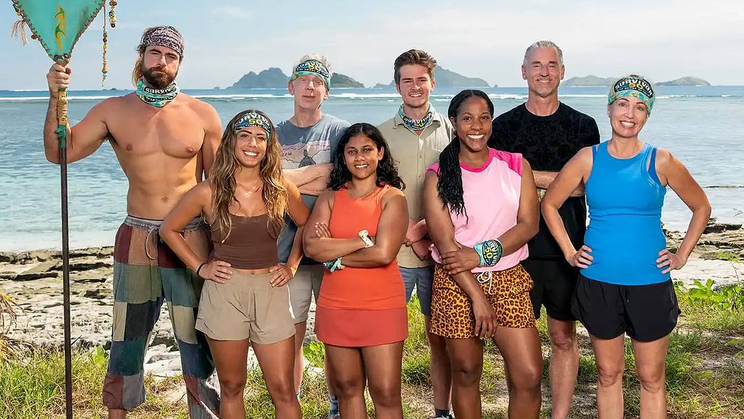 Jonathan Young, Dee Valladares, Mike White, Kamilla Karthigesu, Charlie Davis, Tiffany Ervin, Benjamin "Coach" Wade, Chrissy Hofbeck of the Kalo tribe on 'Survivor 50'. 