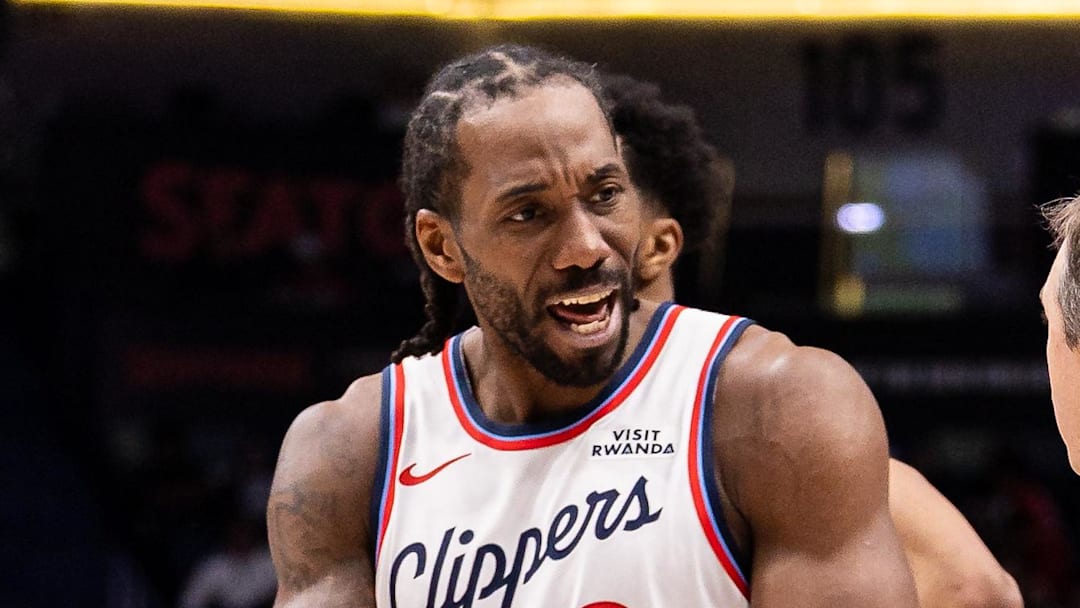 Mar 18, 2026; New Orleans, Louisiana, USA;  LA Clippers forward Kawhi Leonard (2) reacts to a call against the New Orleans Pelicans with referee Scott Twardoski (52) during second half at Smoothie King Center. Mandatory Credit: Stephen Lew-Imagn Images