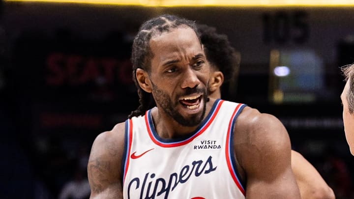 Mar 18, 2026; New Orleans, Louisiana, USA;  LA Clippers forward Kawhi Leonard (2) reacts to a call against the New Orleans Pelicans with referee Scott Twardoski (52) during second half at Smoothie King Center. Mandatory Credit: Stephen Lew-Imagn Images