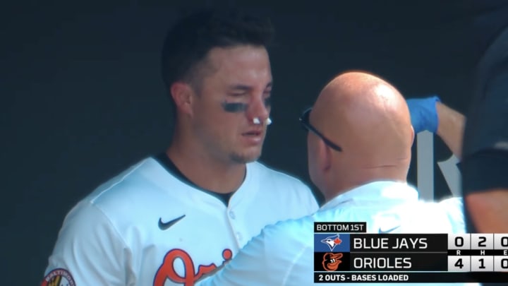 Orioles catcher James McCann took a 95 mile per hour fastball to the face and stayed in the game vs. Toronto.