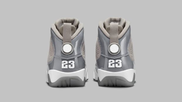 Grey and white Air Jordan sneakers.
