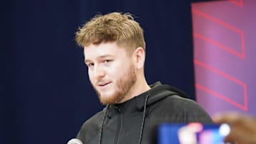 Texas quarterback Quinn Ewers speaks to the media at the 2025 NFL combine.