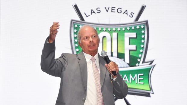 Brady Exber is pictured while speaking at a Las Vegas Golf Hall of Fame ceremony.