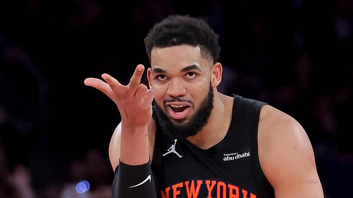 Apr 20, 2026; New York, New York, USA; New York Knicks center Karl-Anthony Towns (32) celebrates his three point shot against the Atlanta Hawks during the third quarter of game two of the first round of the 2026 NBA Playoffs at Madison Square Garden. Mandatory Credit: Brad Penner-Imagn Images