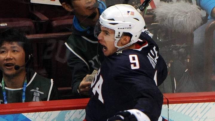 USA forward Zach Parise (9) celebrates a goal during the men's hockey gold medal match in the 2010 Vancouver Winter Olympics: Kyle Terada-Imagn Images