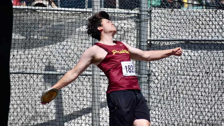 Prairie's Will Foster's broke a 46-year-old WIAA Class 3A meet record in the boys discus with his winning throw of 194-4.