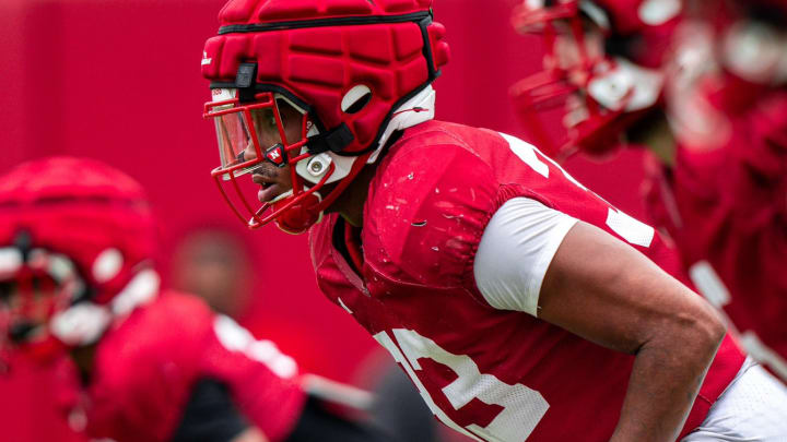 Inside linebacker Javin Wright takes part in a Nebraska football practice on Aug. 6, 2024. Head coach Matt Rhule announced Saturday that Wright will be out indefinitely due to a "health condition." 