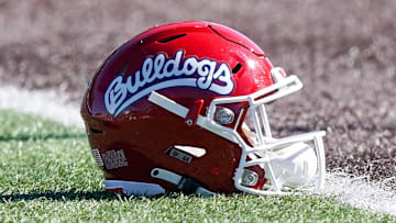 Oct 16, 2021; Laramie, Wyoming, USA; A general view of the Fresno State Bulldogs helmet during a game against the Wyoming Cowboys at Jonah Field at War Memorial Stadium. Mandatory Credit: Troy Babbitt-Imagn Images