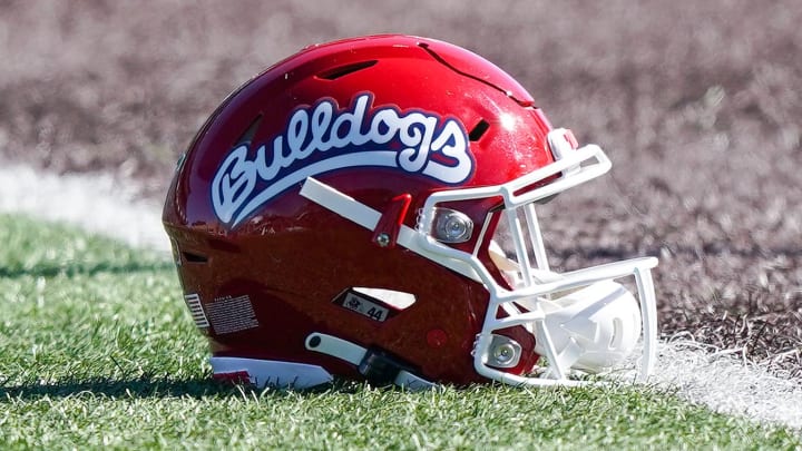 Oct 16, 2021; Laramie, Wyoming, USA; A general view of the Fresno State Bulldogs helmet during a game against the Wyoming Cowboys at Jonah Field at War Memorial Stadium. Mandatory Credit: Troy Babbitt-USA TODAY Sports