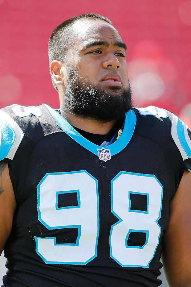 Carolina Panthers defensive tackle Star Lotulelei works out prior to the game at Raymond James Stadium