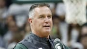 Michigan State Spartans head coach Pat Fitzgerald addresses fans during a men's basketball game against the Iowa Hawkeyes on Tuesday, Dec. 2, 2025, at the Breslin Center. Fitzgerald had been formally introduced earlier that day.