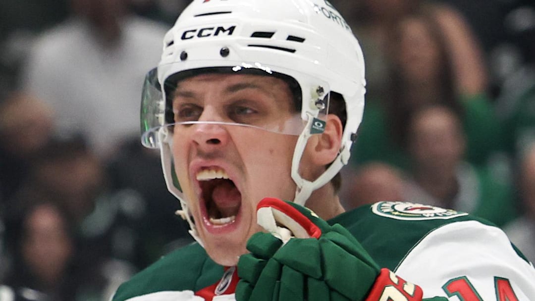 Apr 18, 2026; Dallas, Texas, USA; Minnesota Wild center Joel Eriksson Ek (14) celebrates his gaol against the Dallas Stars in the first period in game one of the first round of the 2026 Stanley Cup Playoffs at American Airlines Center. Mandatory Credit: Thomas Shea-Imagn Images
