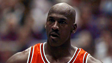 June 5, 1998; Salt Lake City, UT, USA; Chicago Bulls guard Michael Jordan in game two of the 1998 NBA Finals against the Utah Jazz at the Delta Center.  Mandatory Credit: Anne Ryan-USA TODAY