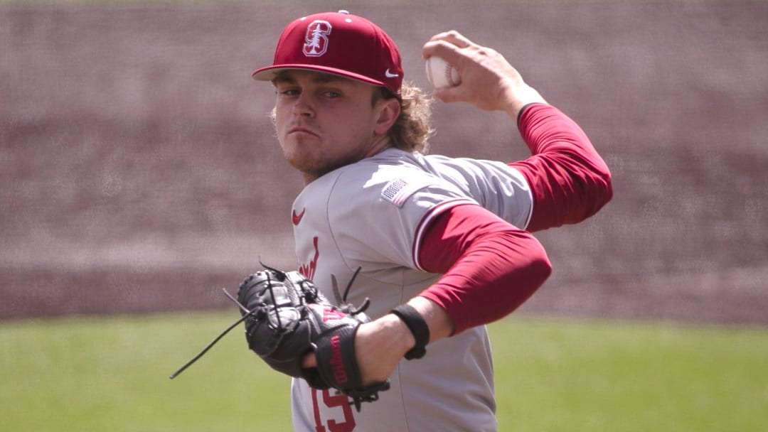 Stanford's Joey Volchko (19) pitches against Texas Tech in game two of their non-conference baseball series, Tuesday, April 2, 2024, at Rip Griffin Park.