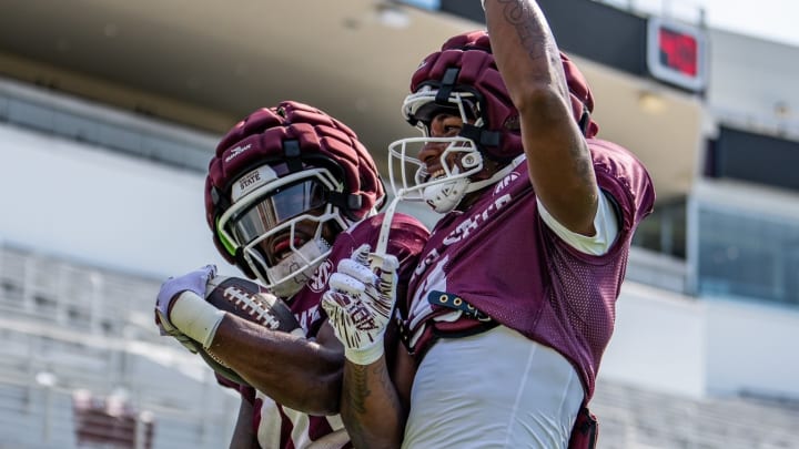 Mississippi State players celebrate during practice. A recent proposal eliminating the spring transfer portal window may, or may not be celebrated in the same way.